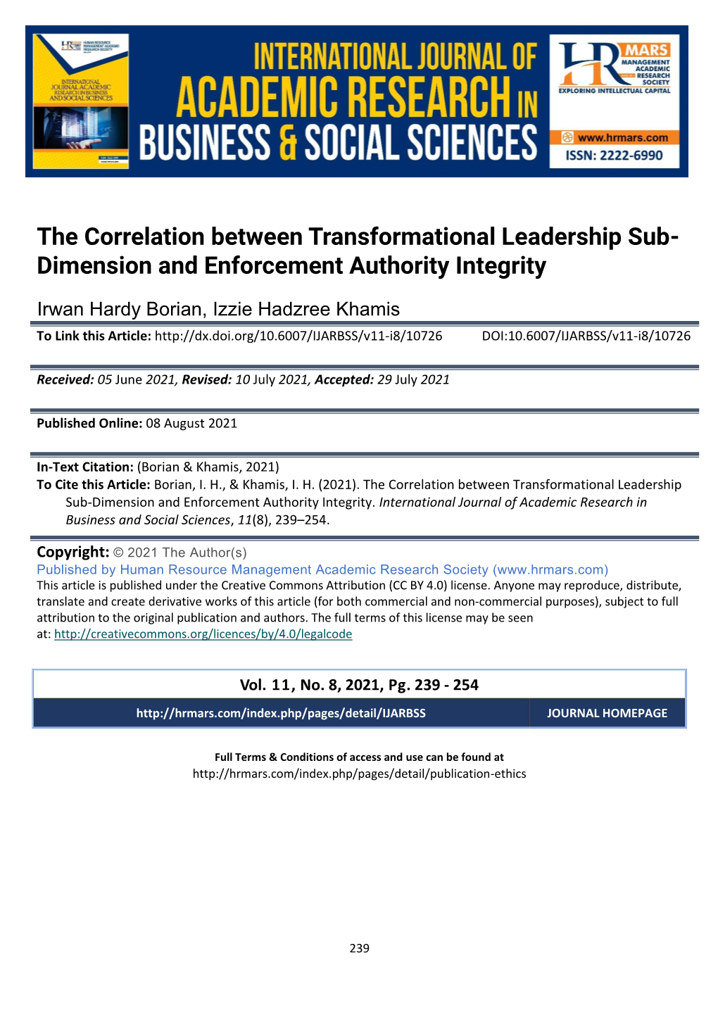 The Correlation Between Transformational Leadership Sub- Dimension and Enforcement Authority Integrity