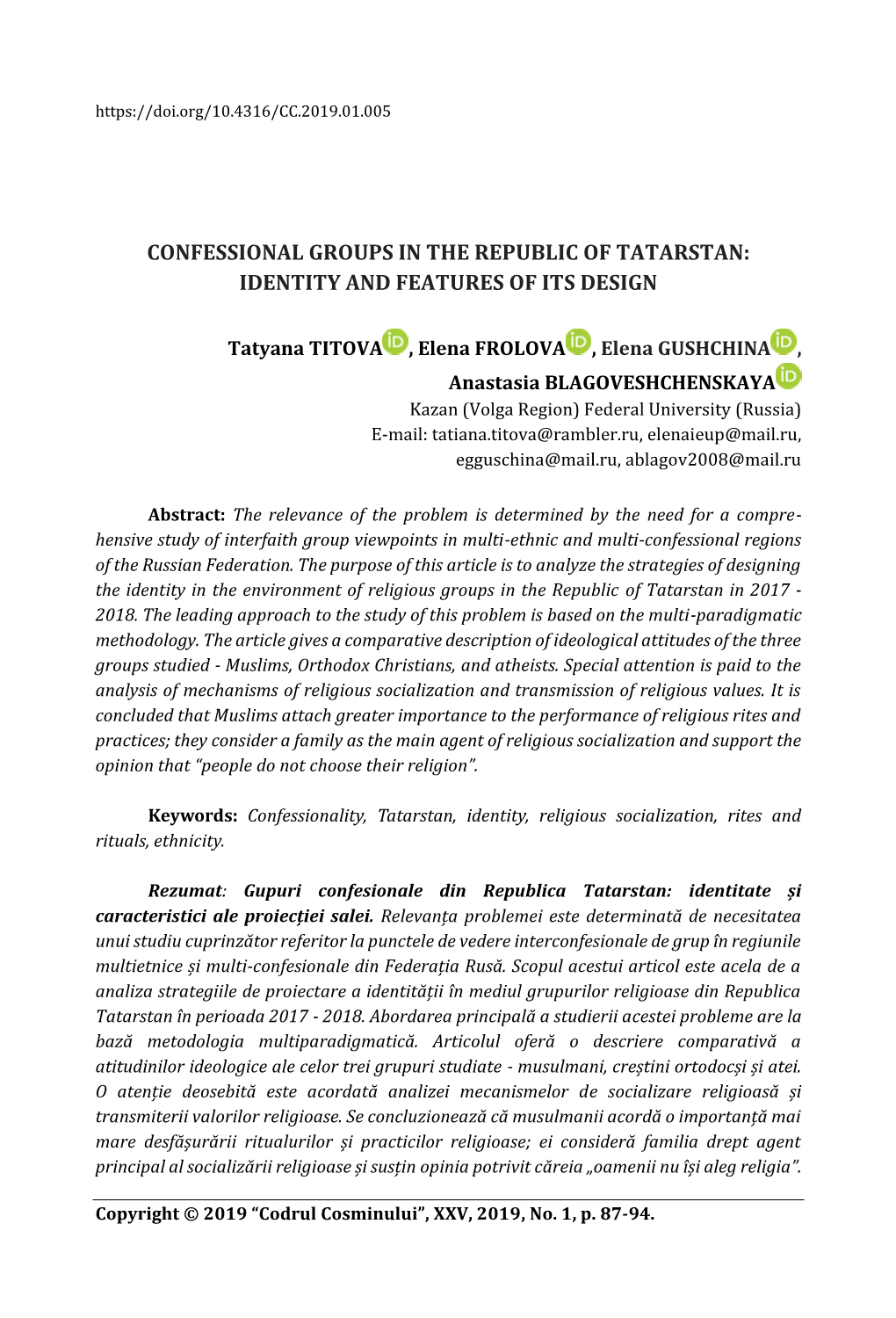 Confessional Groups in the Republic of Tatarstan: Identity and Features of Its Design