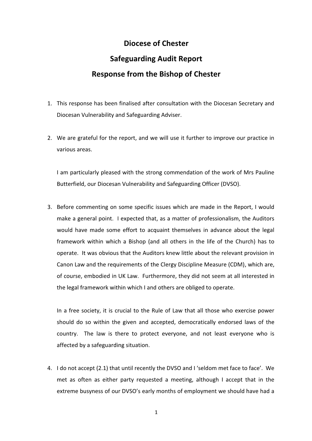 Response by Bishop of Chester