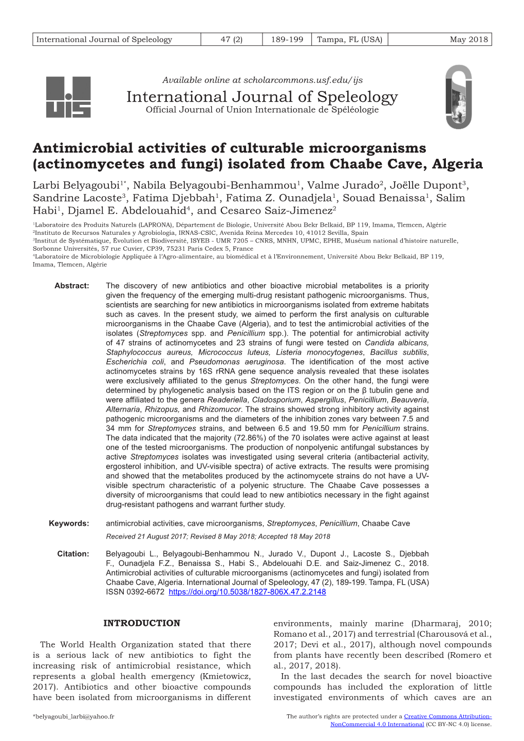 (Actinomycetes and Fungi) Isolated from Chaabe Cave, Algeria