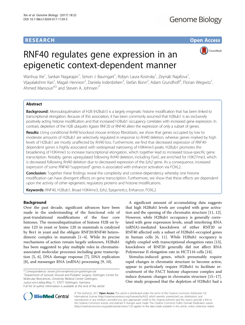 RNF40 Regulates Gene Expression in an Epigenetic Context-Dependent Manner Wanhua Xie1, Sankari Nagarajan1, Simon J