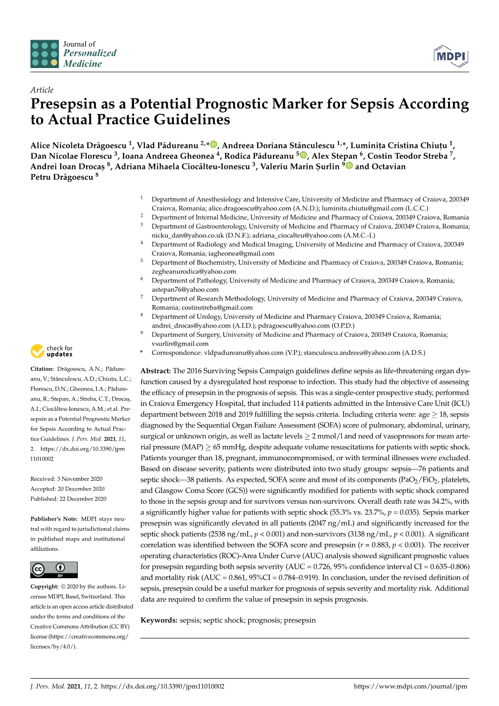 Presepsin As a Potential Prognostic Marker for Sepsis According to Actual Practice Guidelines