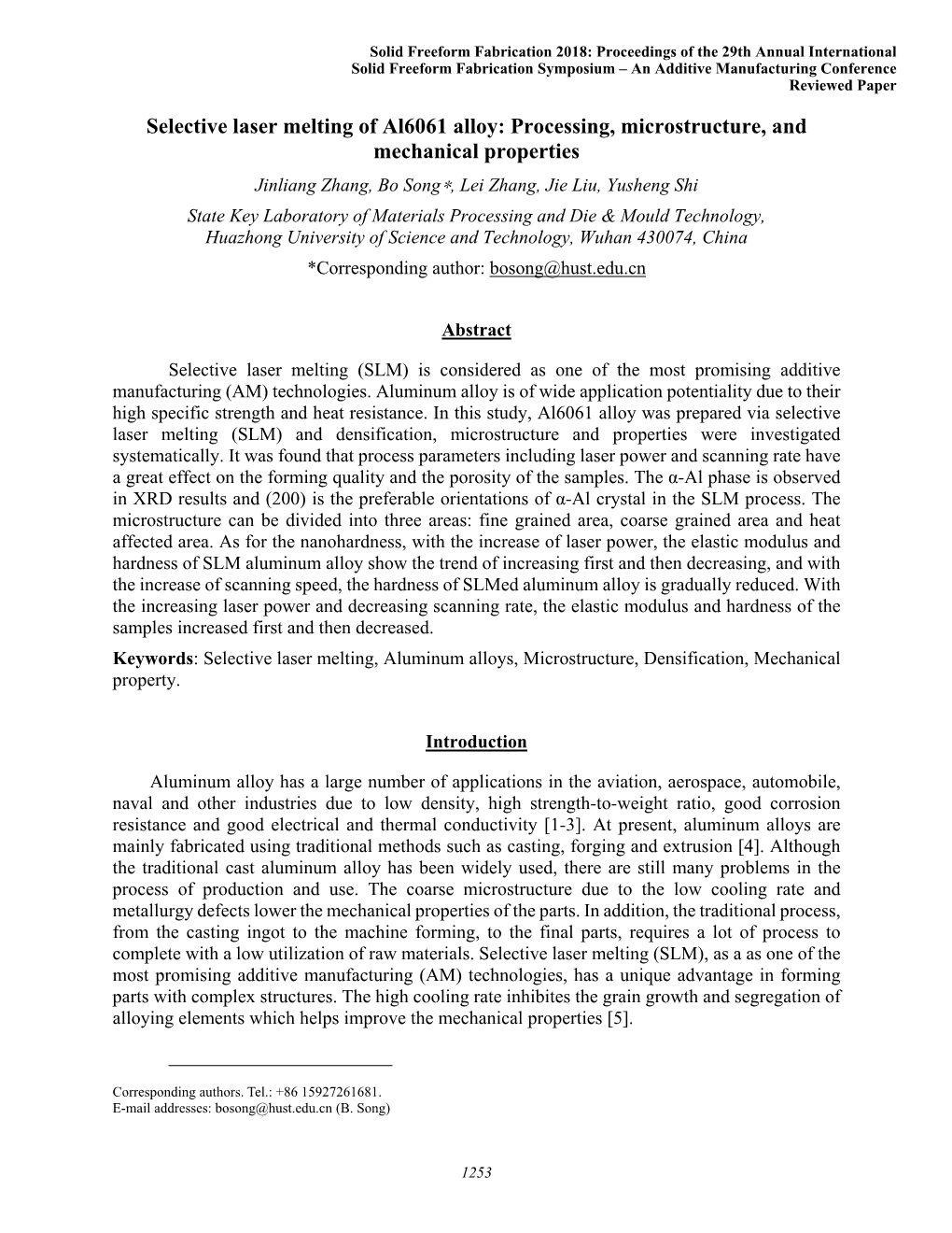 Selective Laser Melting of Al6061 Alloy: Processing, Microstructure