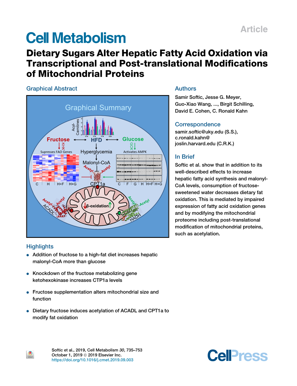 Dietary Sugars Alter Hepatic Fatty Acid Oxidation Via Transcriptional and Post-Translational Modiﬁcations of Mitochondrial Proteins