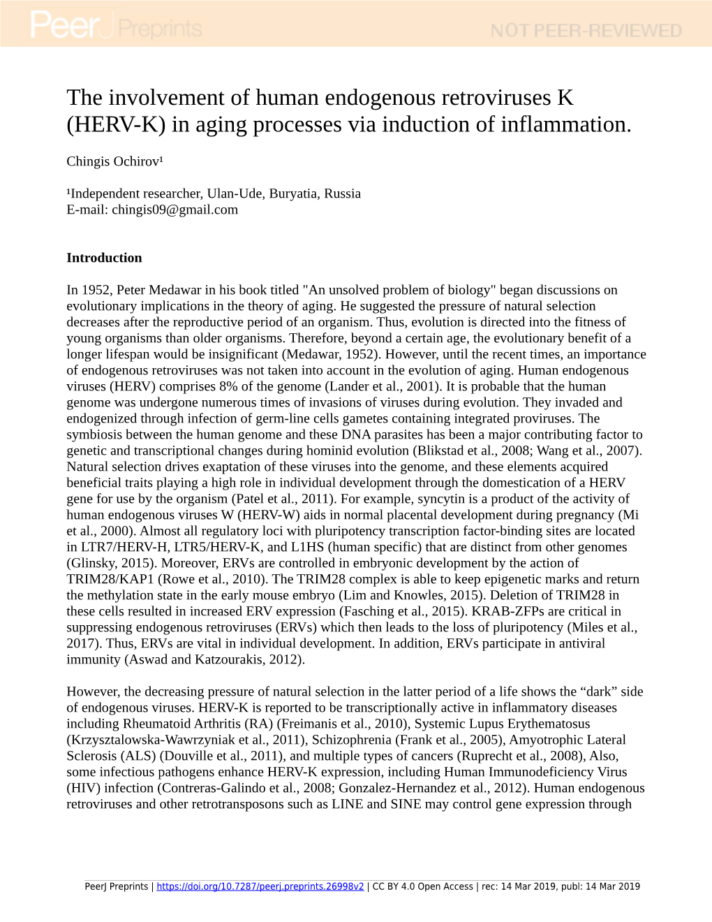 (HERV-K) in Aging Processes Via Induction of Inflammation