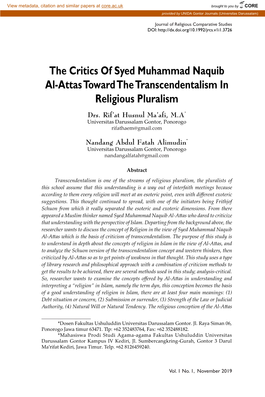 The Critics of Syed Muhammad Naquib Al-Attas Toward the Transcendentalism in Religious Pluralism Drs