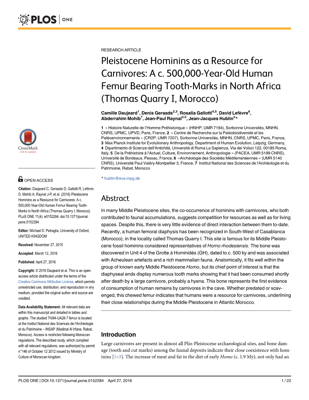 Pleistocene Hominins As a Resource for Carnivores: a C