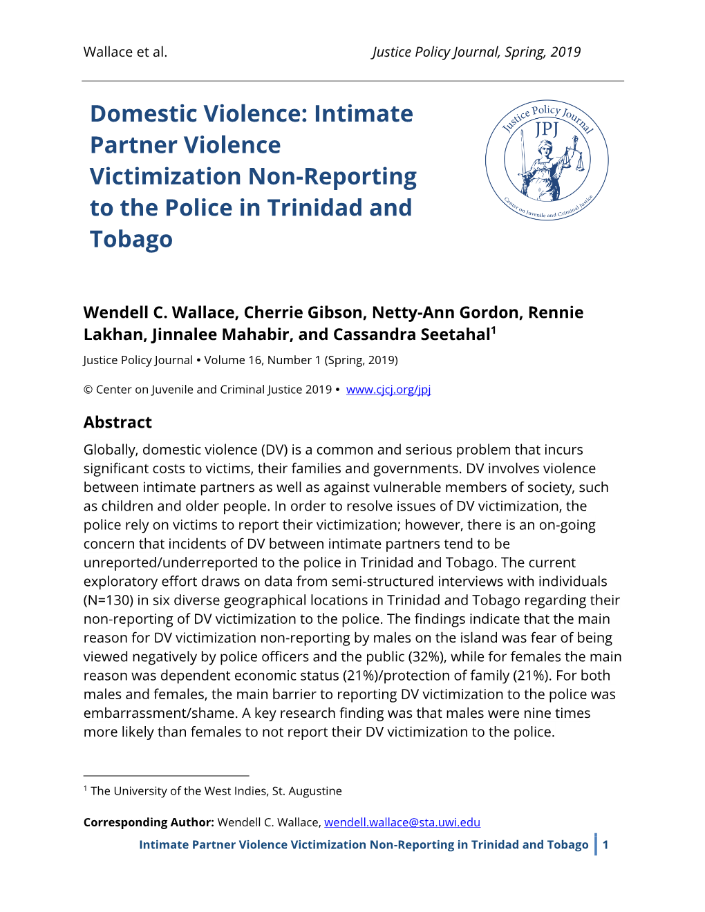 Intimate Partner Violence Victimization Non-Reporting to the Police in Trinidad and Tobago
