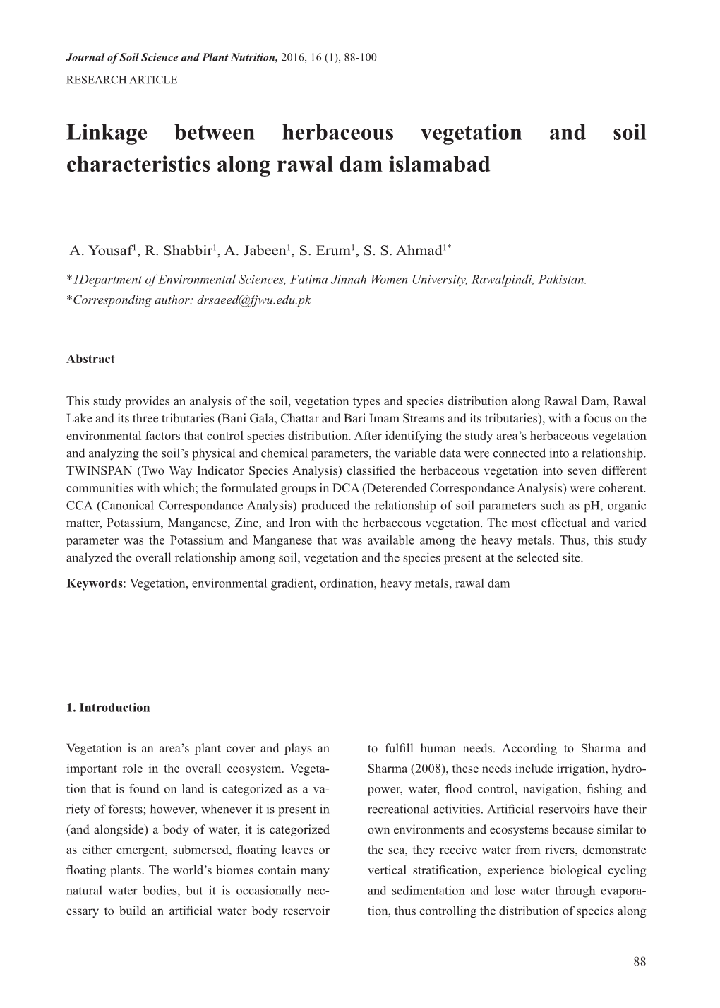 Linkage Between Herbaceous Vegetation and Soil Characteristics Along Rawal Dam Islamabad