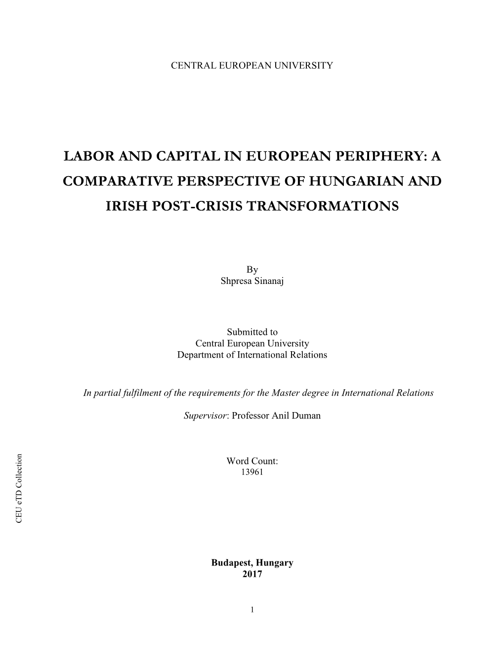 A Comparative Perspective of Hungarian and Irish Post-Crisis Transformations