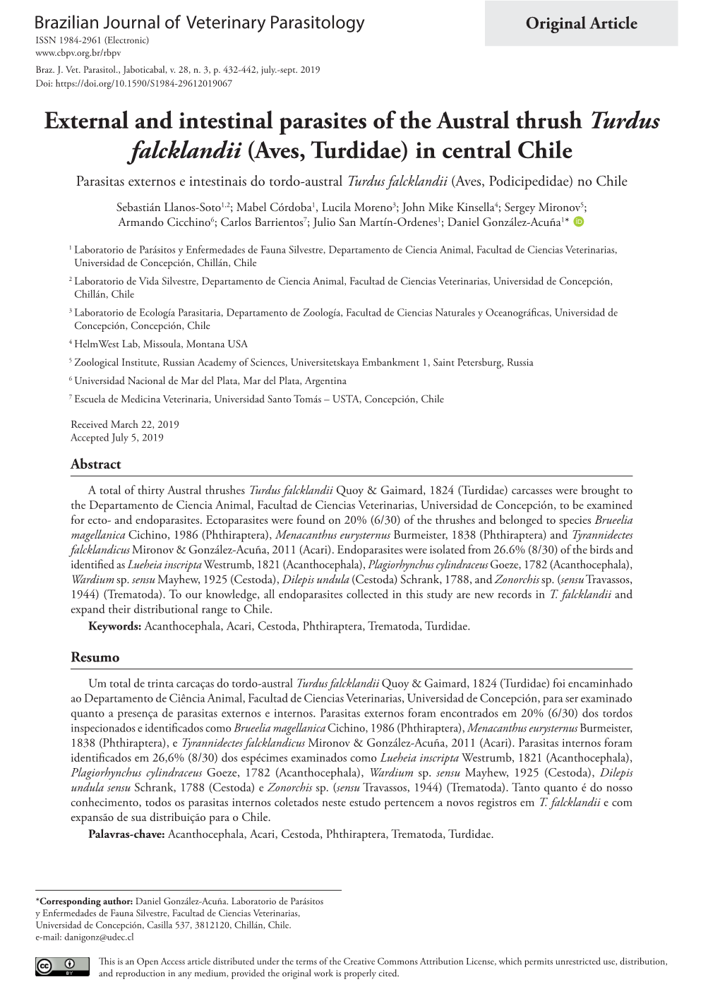 External and Intestinal Parasites of the Austral Thrush Turdus Falcklandii