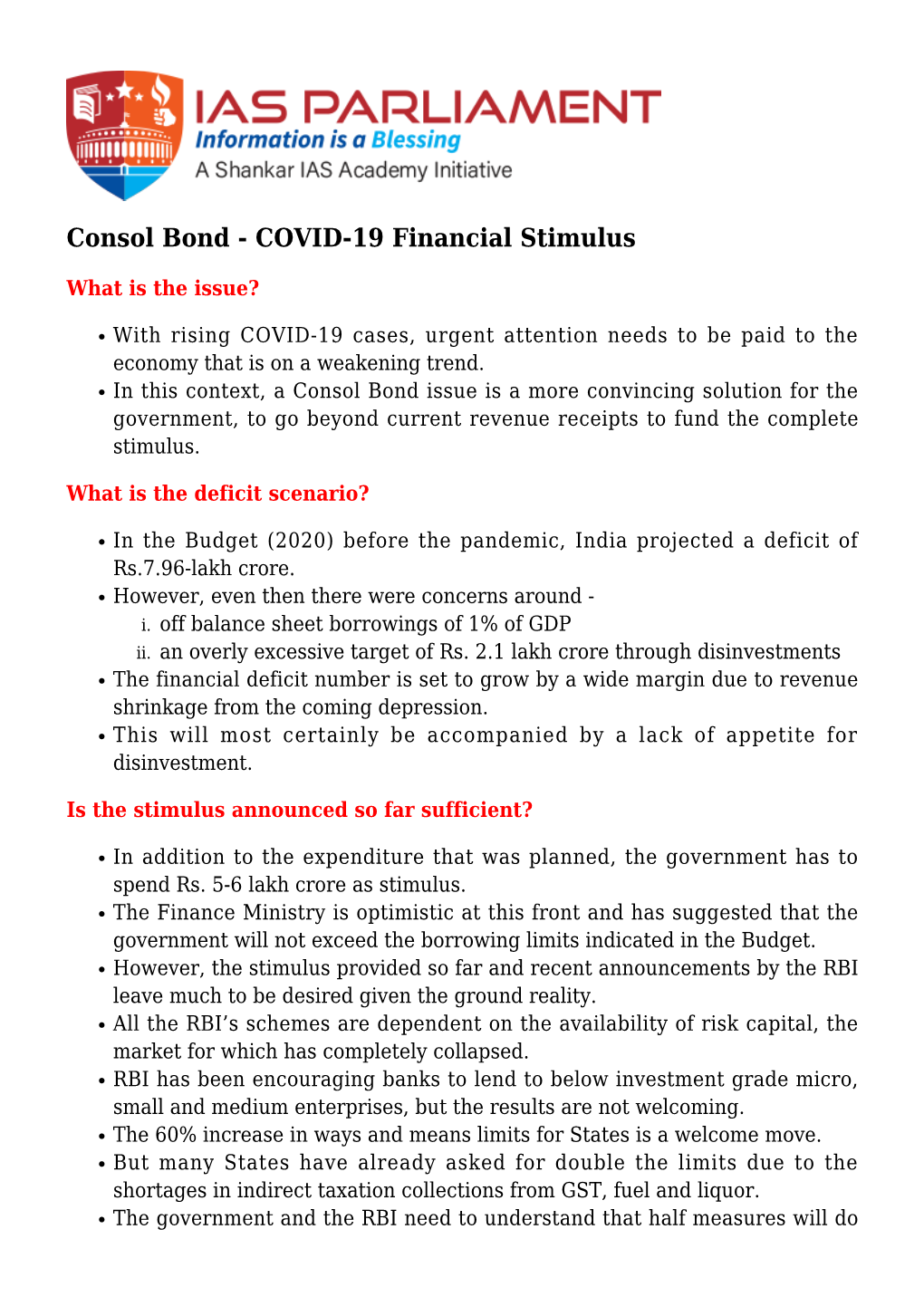 Consol Bond - COVID-19 Financial Stimulus