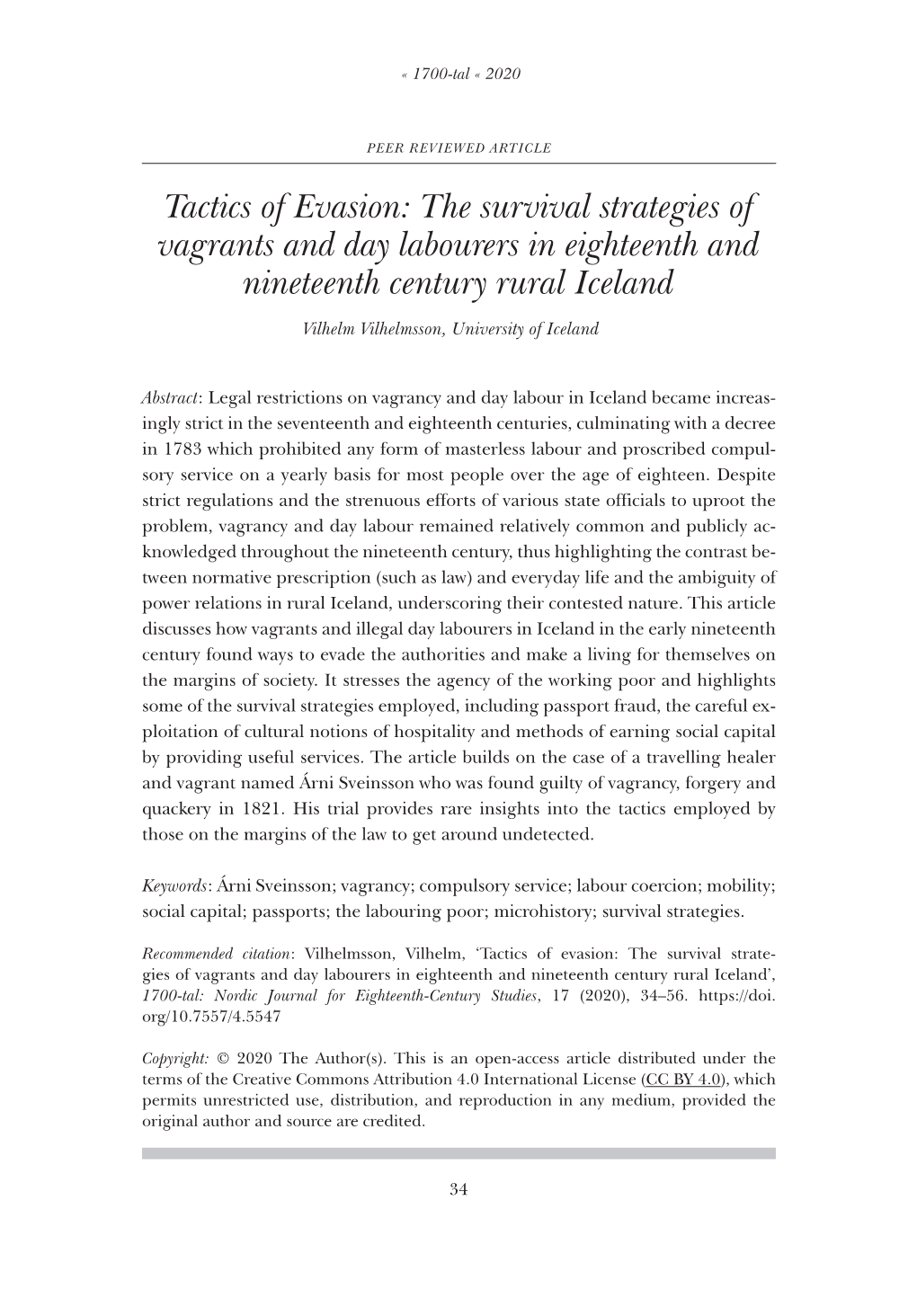 Tactics of Evasion: the Survival Strategies of Vagrants and Day Labourers in Eighteenth and Nineteenth Century Rural Iceland