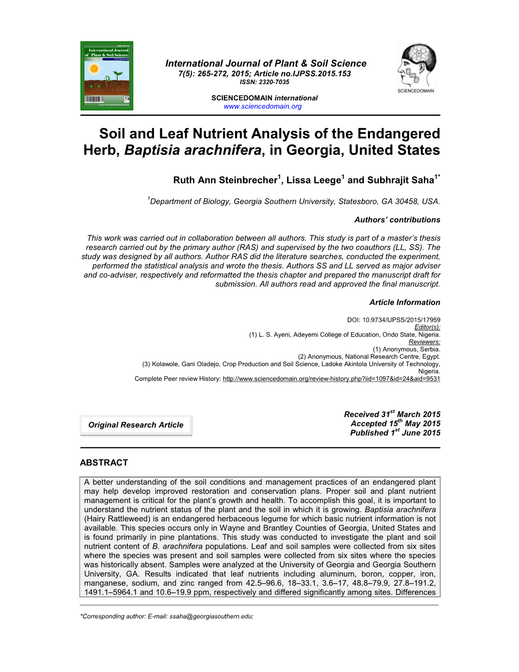 Soil and Leaf Nutrient Analysis of the Endangered Herb, Baptisia Arachnifera, in Georgia, United States