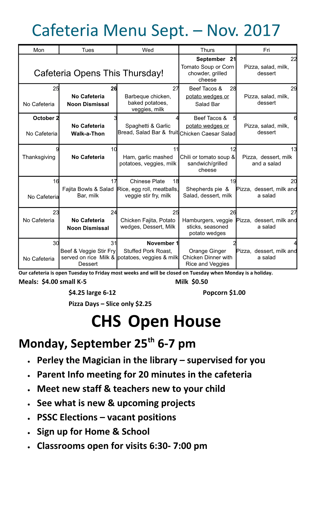 Cafeteria Menu Sept. Nov. 2017