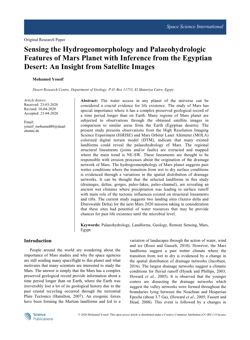 Sensing the Hydrogeomorphology and Palaeohydrologic Features of Mars Planet with Inference from the Egyptian Desert: an Insight from Satellite Images