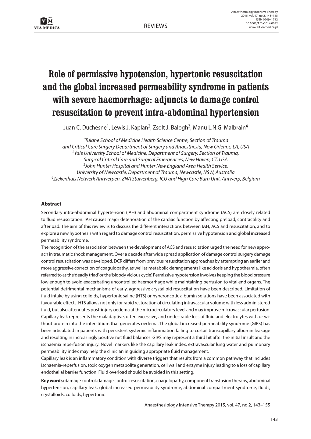 Role of Permissive Hypotension, Hypertonic Resuscitation and The