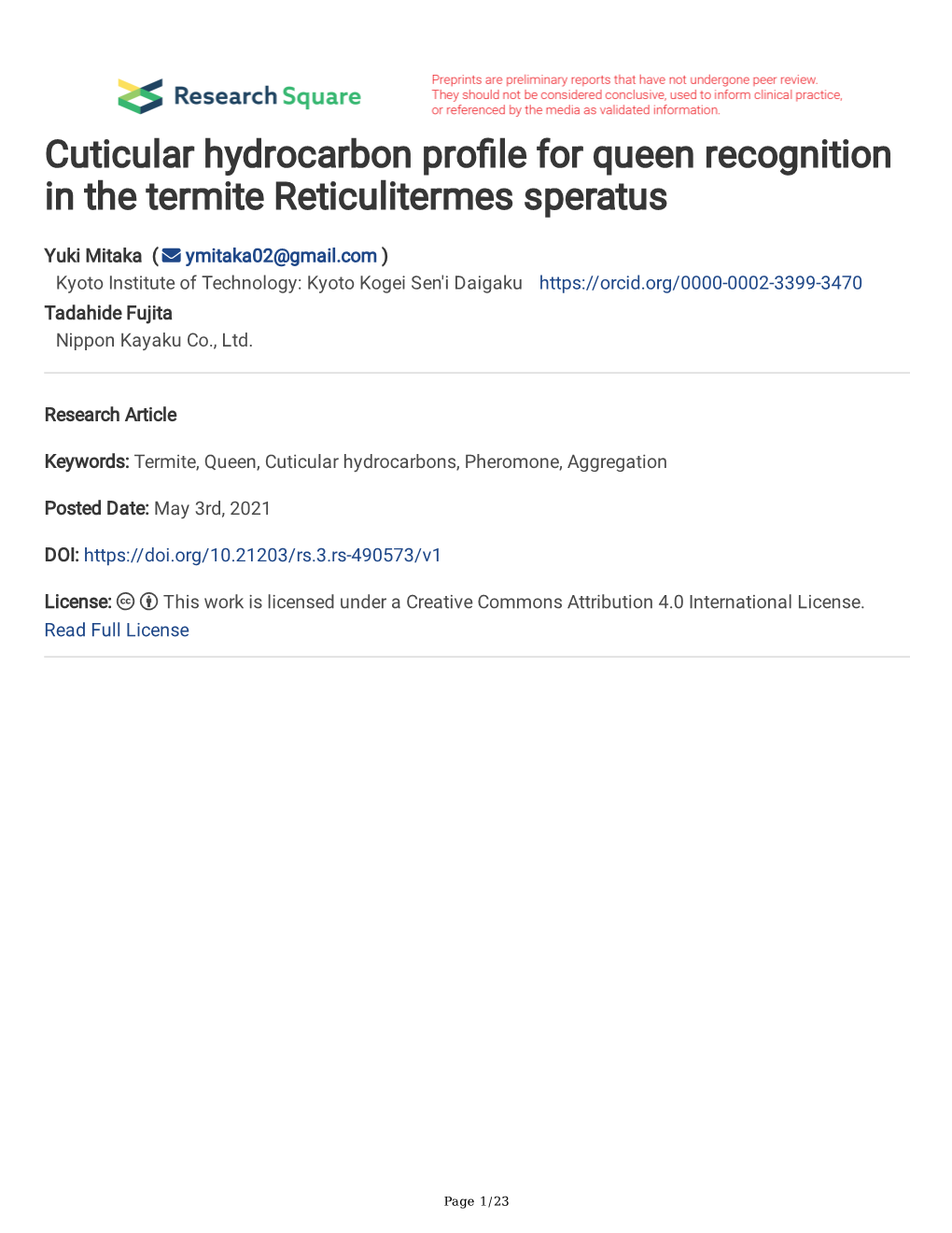 Cuticular Hydrocarbon Pro Le for Queen Recognition in the Termite