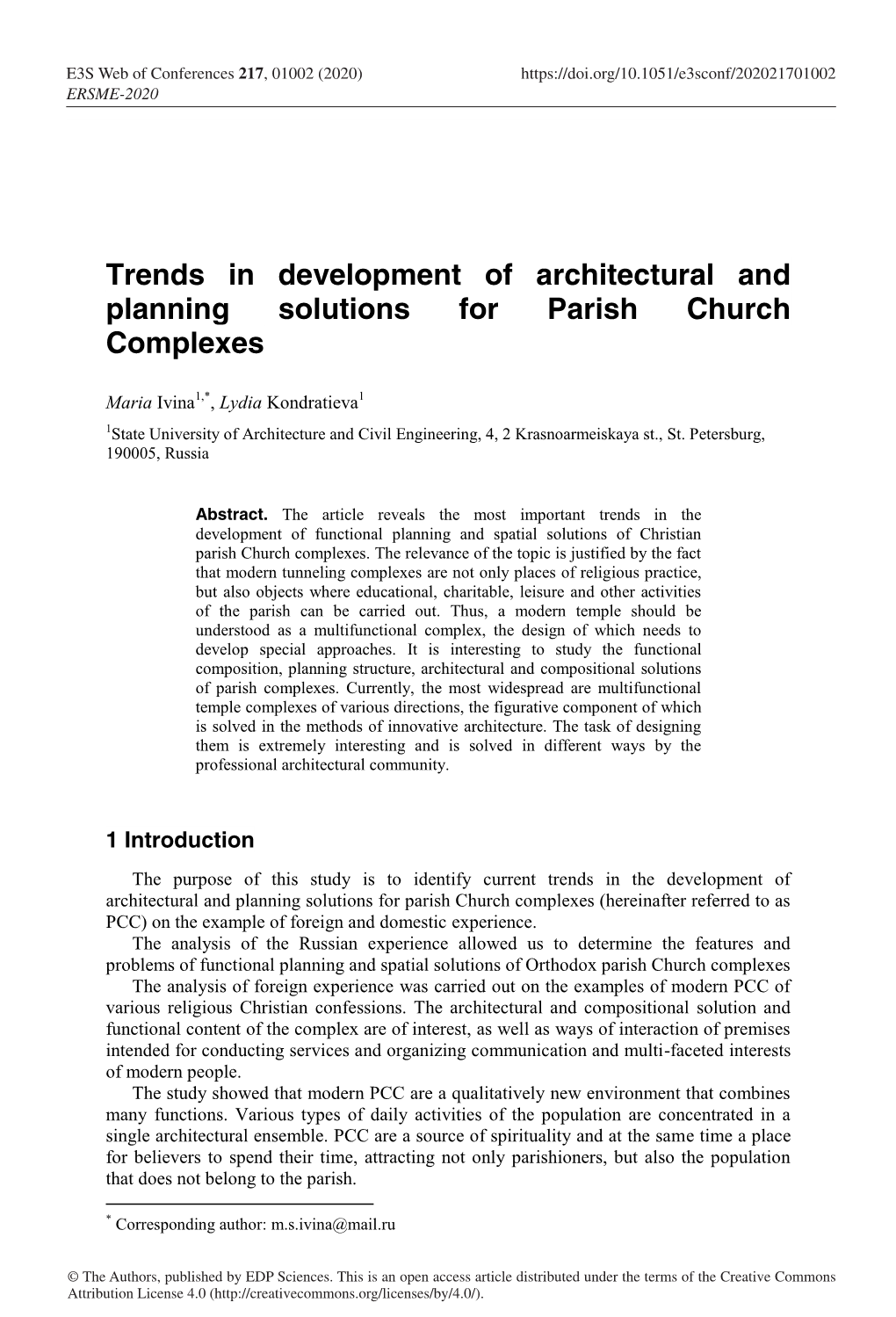Trends in Development of Architectural and Planning Solutions for Parish Church Complexes