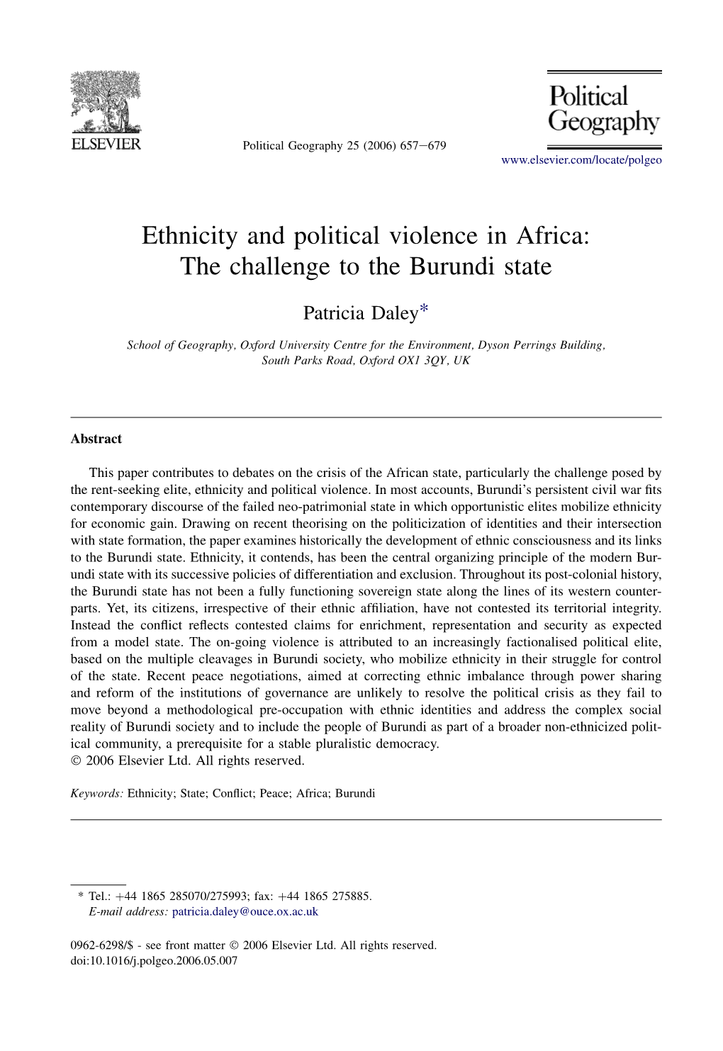 Ethnicity and Political Violence in Africa: the Challenge to the Burundi State