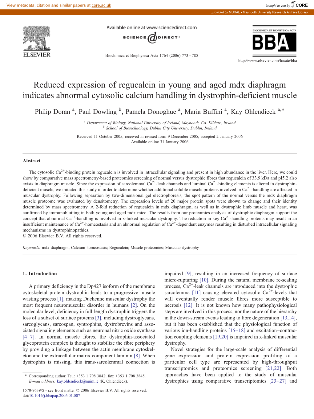 Reduced Expression of Regucalcin in Young and Aged Mdx Diaphragm