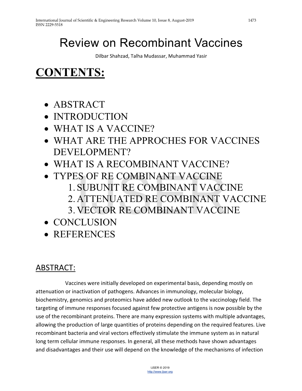 Review on Recombinant Vaccines Dilbar Shahzad, Talha Mudassar, Muhammad Yasir CONTENTS