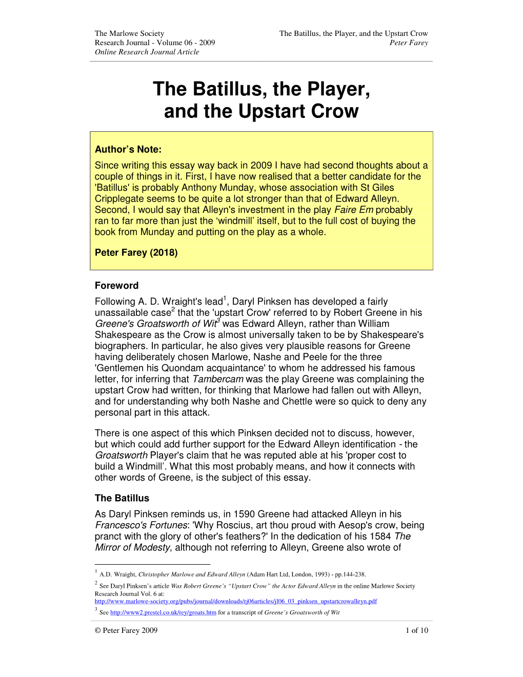 The Batillus, the Player, and the Upstart Crow Research Journal - Volume 06 - 2009 Peter Farey Online Research Journal Article