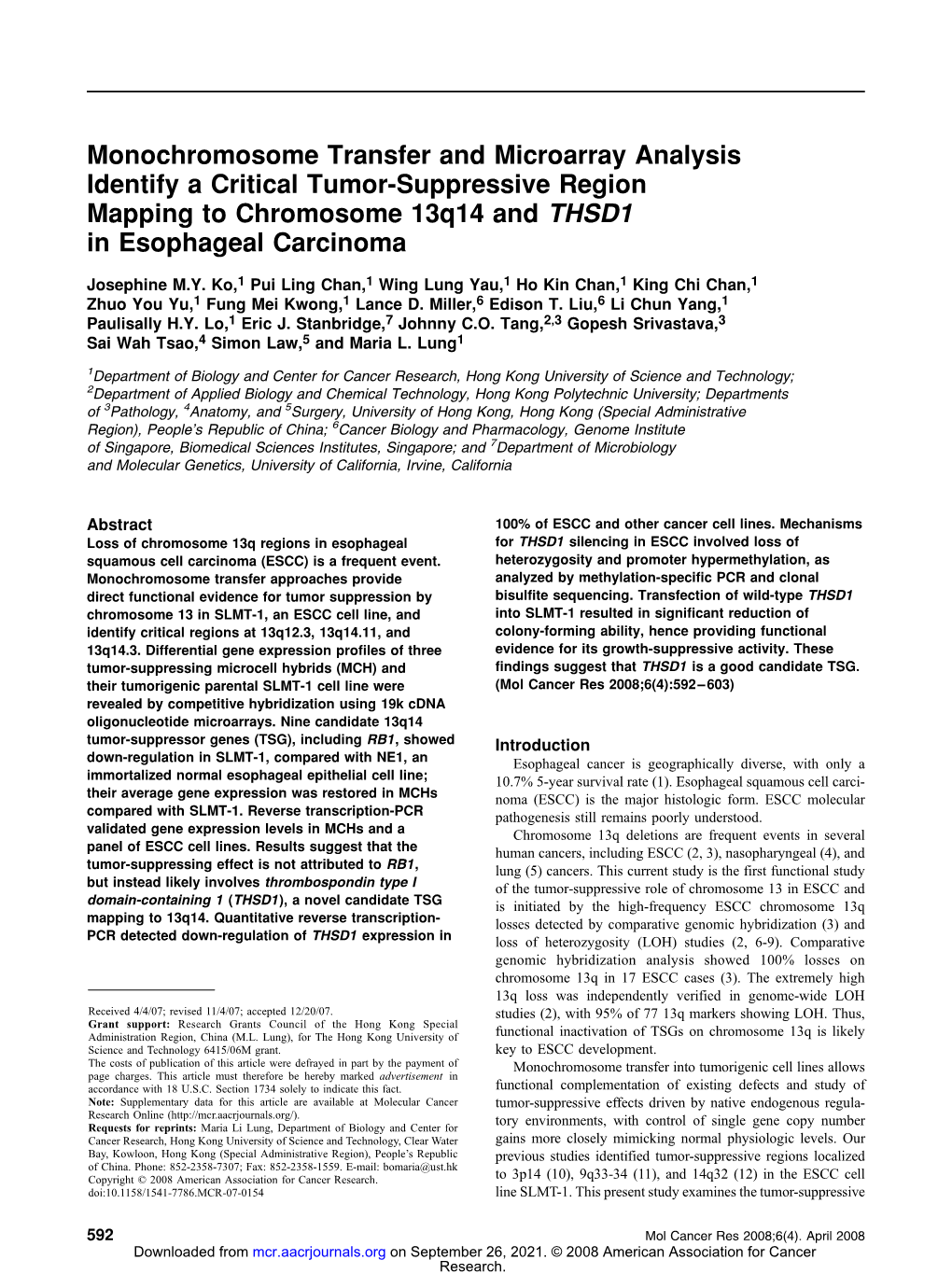 Monochromosome Transfer and Microarray Analysis Identify a Critical Tumor-Suppressive Region Mapping to Chromosome 13Q14 and THSD1 in Esophageal Carcinoma