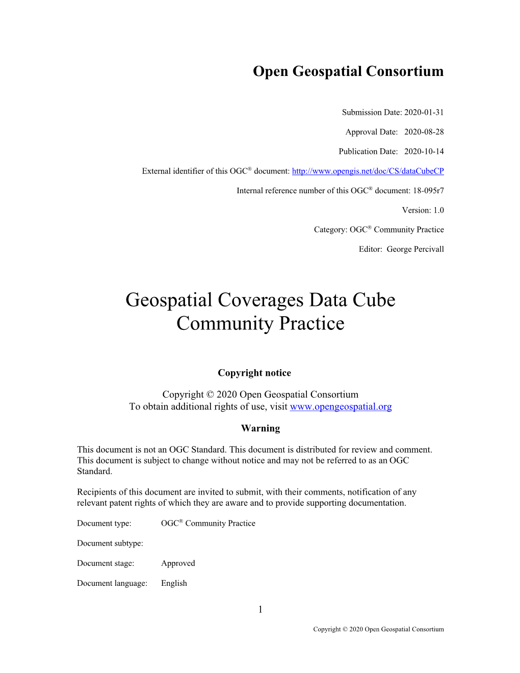 Geospatial Coverages Data Cube Community Practice