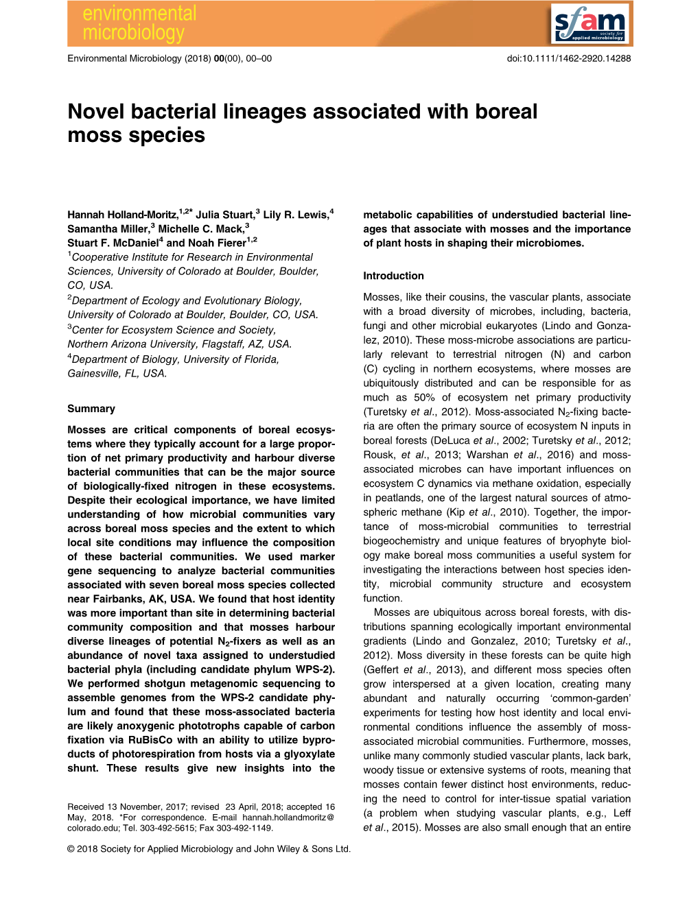 Novel Bacterial Lineages Associated with Boreal Moss Species: Novel