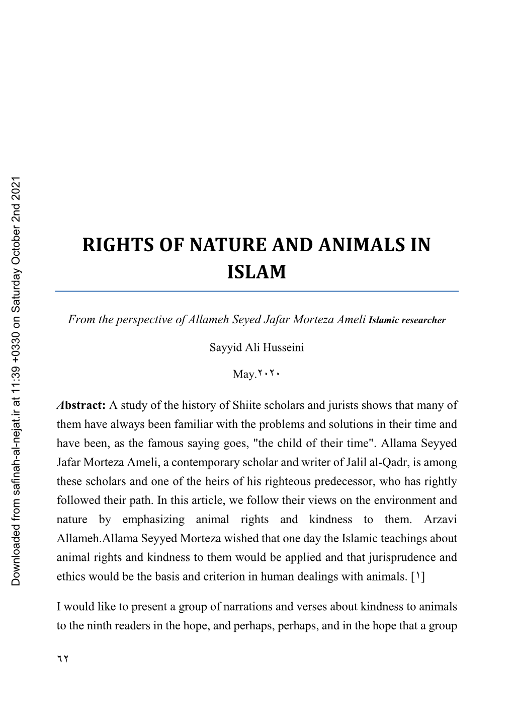 Rights of Nature and Animals in Islam