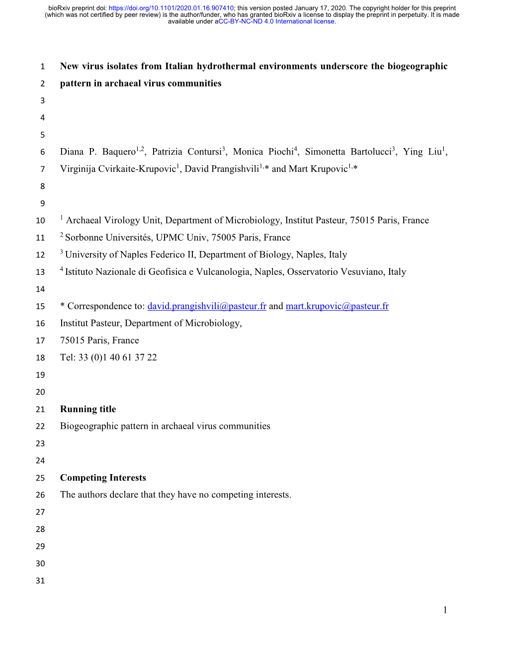 New Virus Isolates from Italian Hydrothermal Environments Underscore the Biogeographic 2 Pattern in Archaeal Virus Communities 3 4 5 6 Diana P