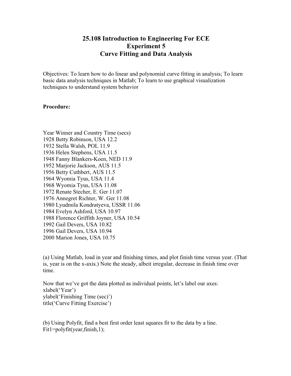 25.108 Introduction to Engineering for ECE Experiment 5 Curve Fitting and Data Analysis