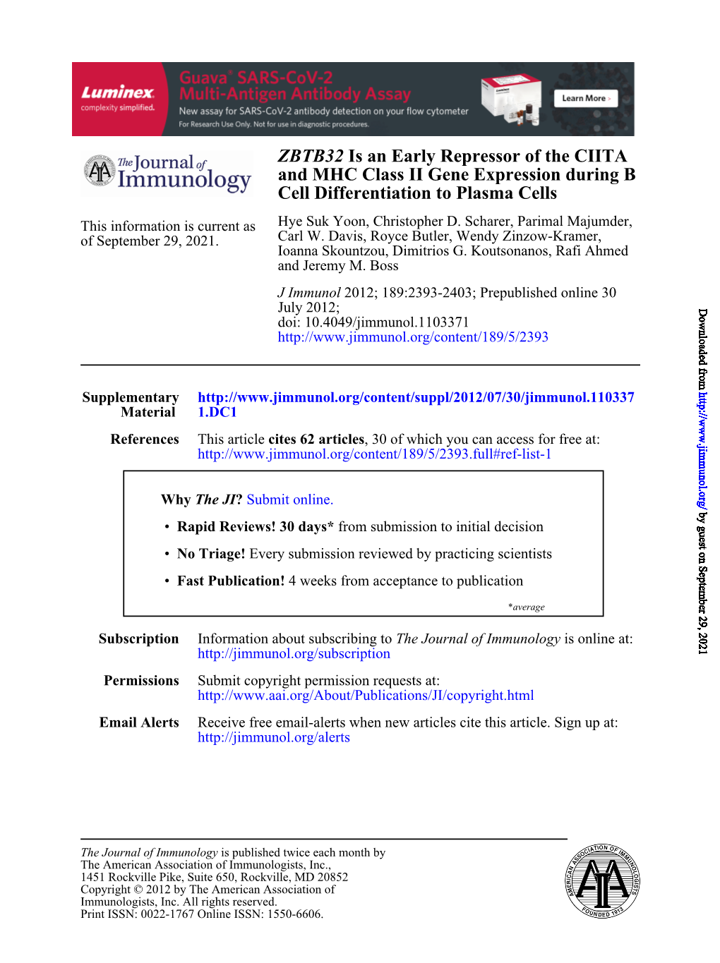 Cell Differentiation to Plasma Cells B and MHC Class II Gene Expression During Is an Early Repressor of the CIITA ZBTB32