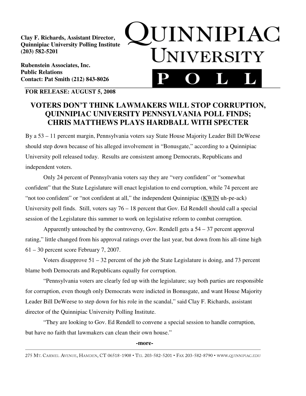 Voters Don't Think Lawmakers Will Stop Corruption, Quinnipiac University Pennsylvania Poll Finds; Chris Matthews Plays Hardbal