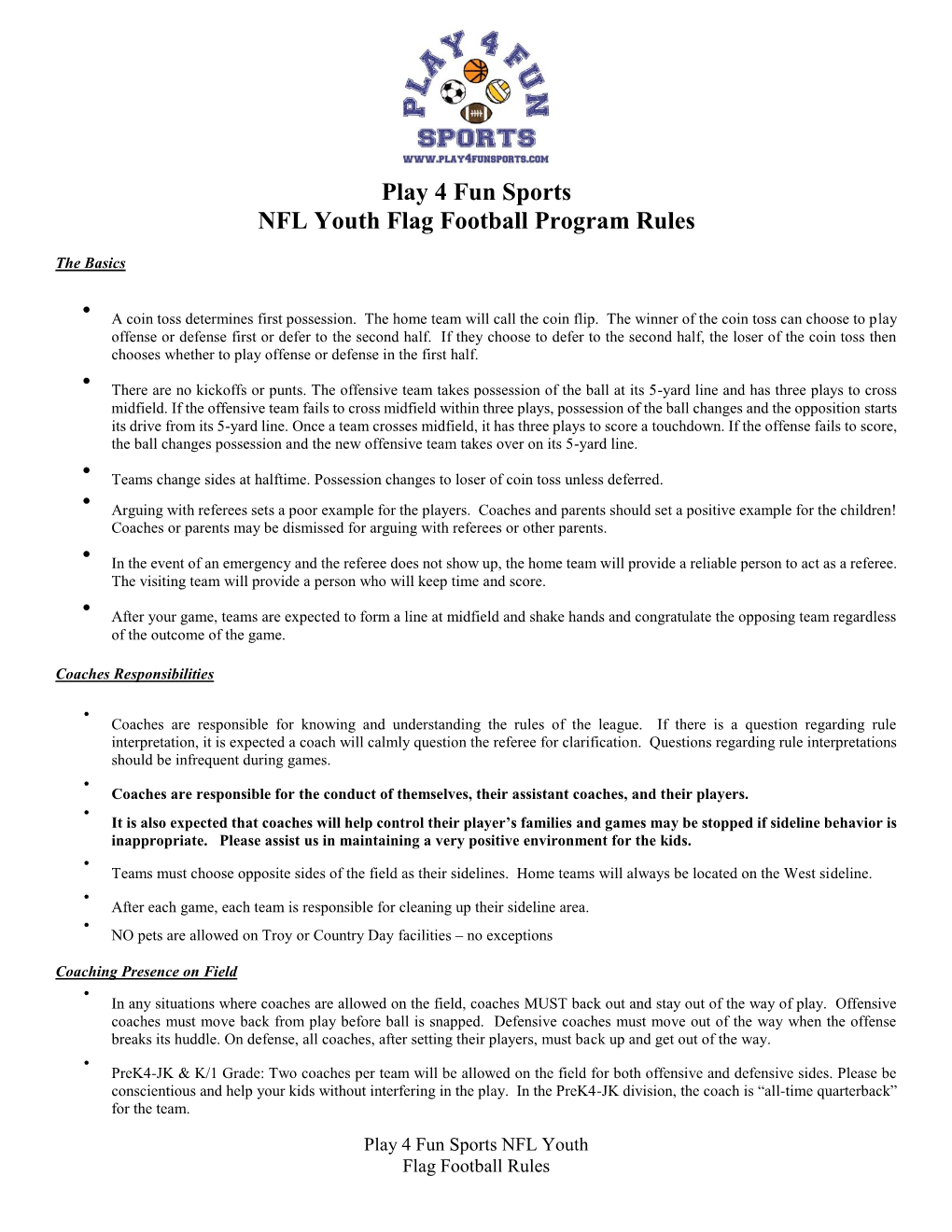 Play 4 Fun Sports NFL Youth Flag Football Program Rules