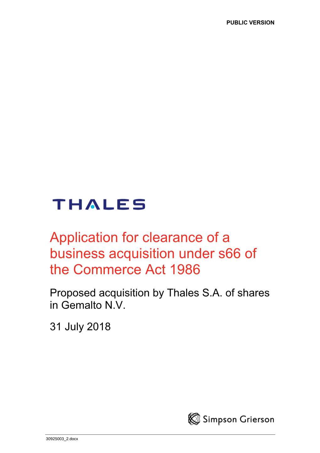 Application for Clearance of a Business Acquisition Under S66 of the Commerce Act 1986 Proposed Acquisition by Thales S.A