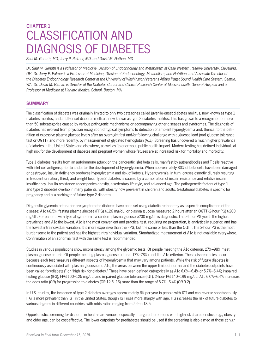 Chapter 1: Classification and Diagnosis of Diabetes