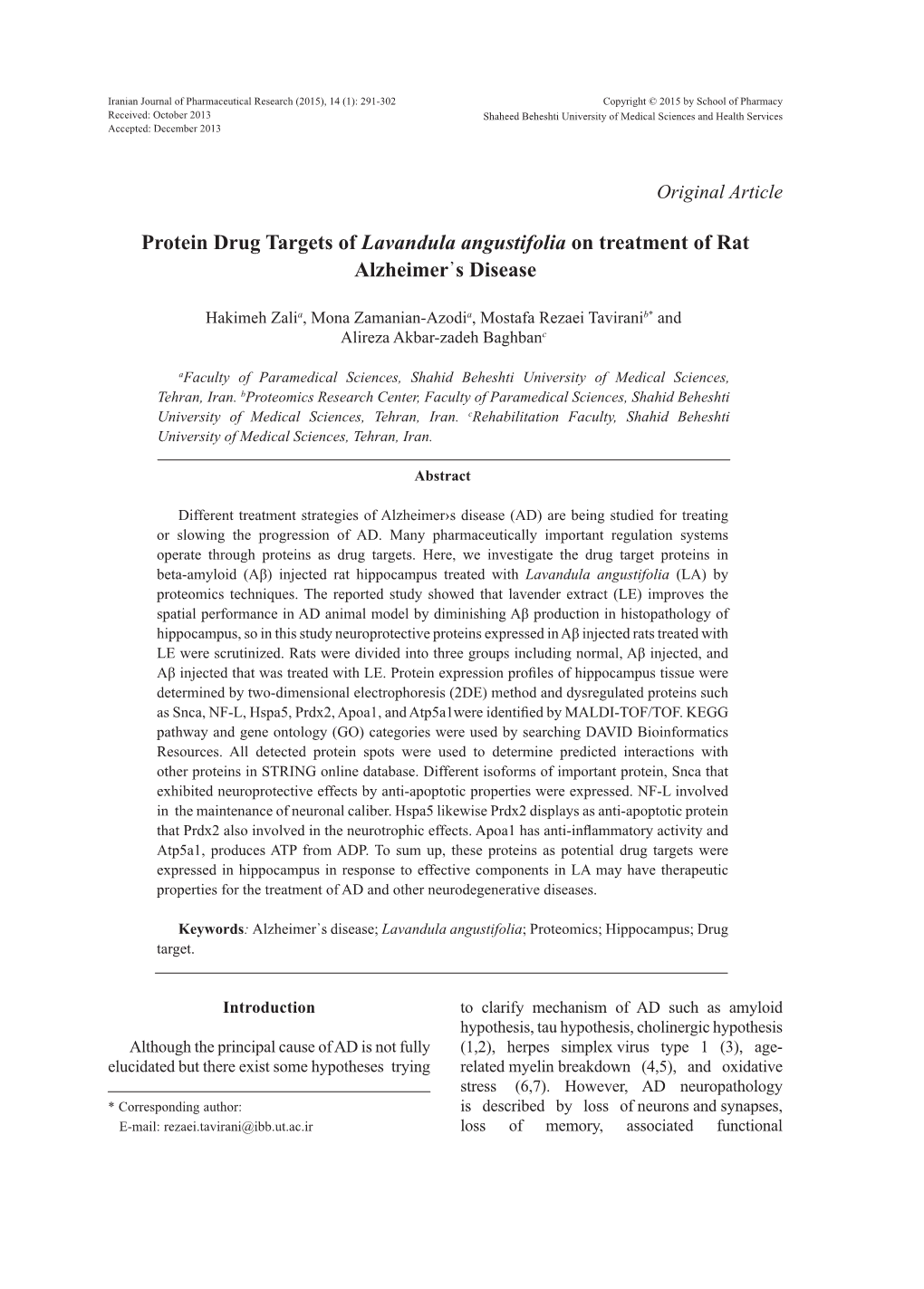 Protein Drug Targets of Lavandula Angustifolia on Treatment of Rat Alzheimer᾽S Disease