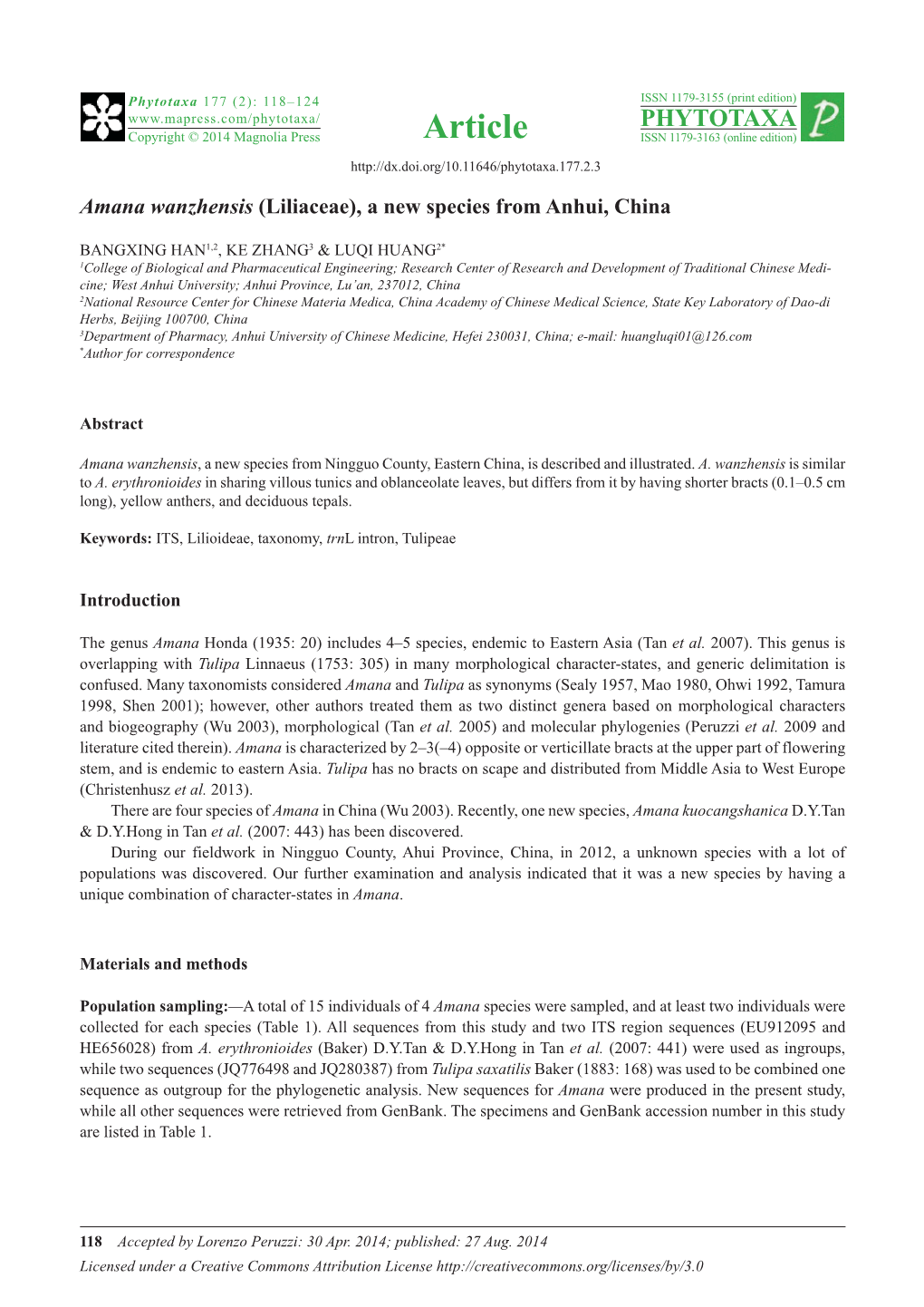 Amana Wanzhensis (Liliaceae), a New Species from Anhui, China