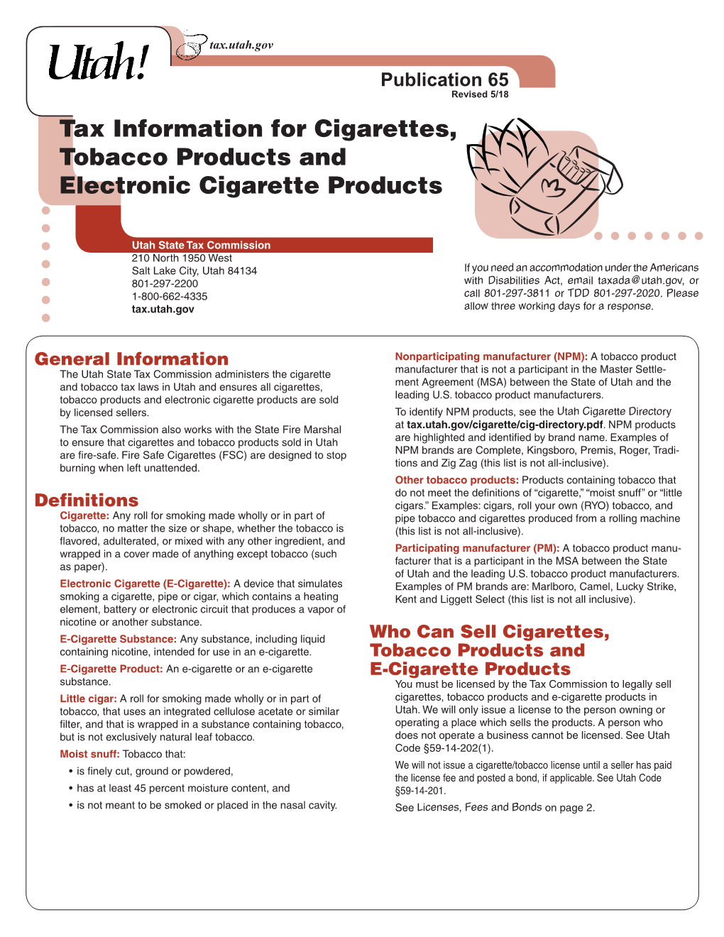 Pub-65, Utah Tax Info for Cigarettes, Tobacco Products & E-Cigarette