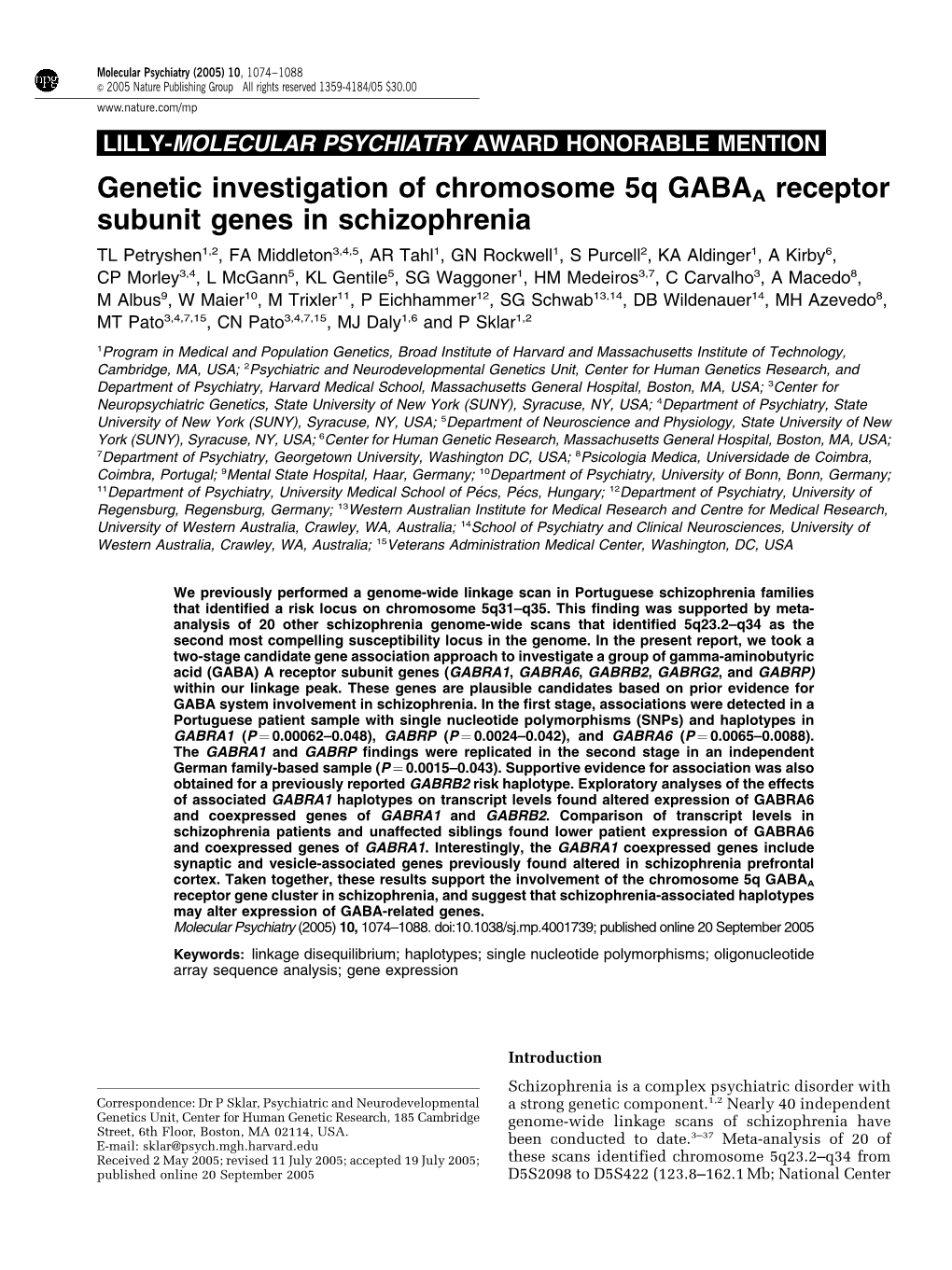 Genetic Investigation of Chromosome 5Q GABAA Receptor Subunit Genes