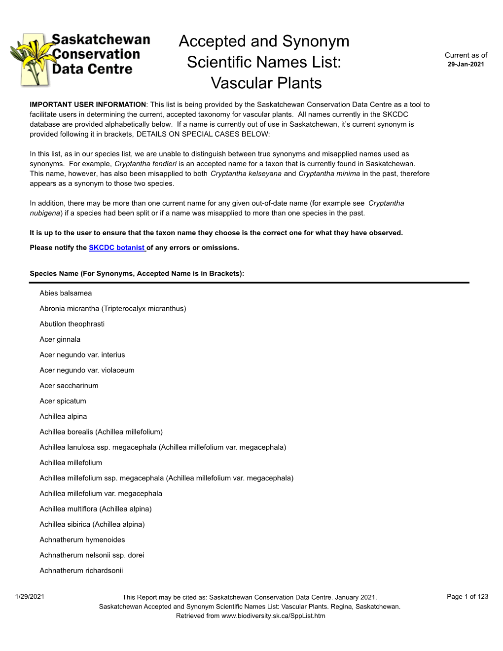 Accepted and Synonym Scientific Names List: Vascular Plants