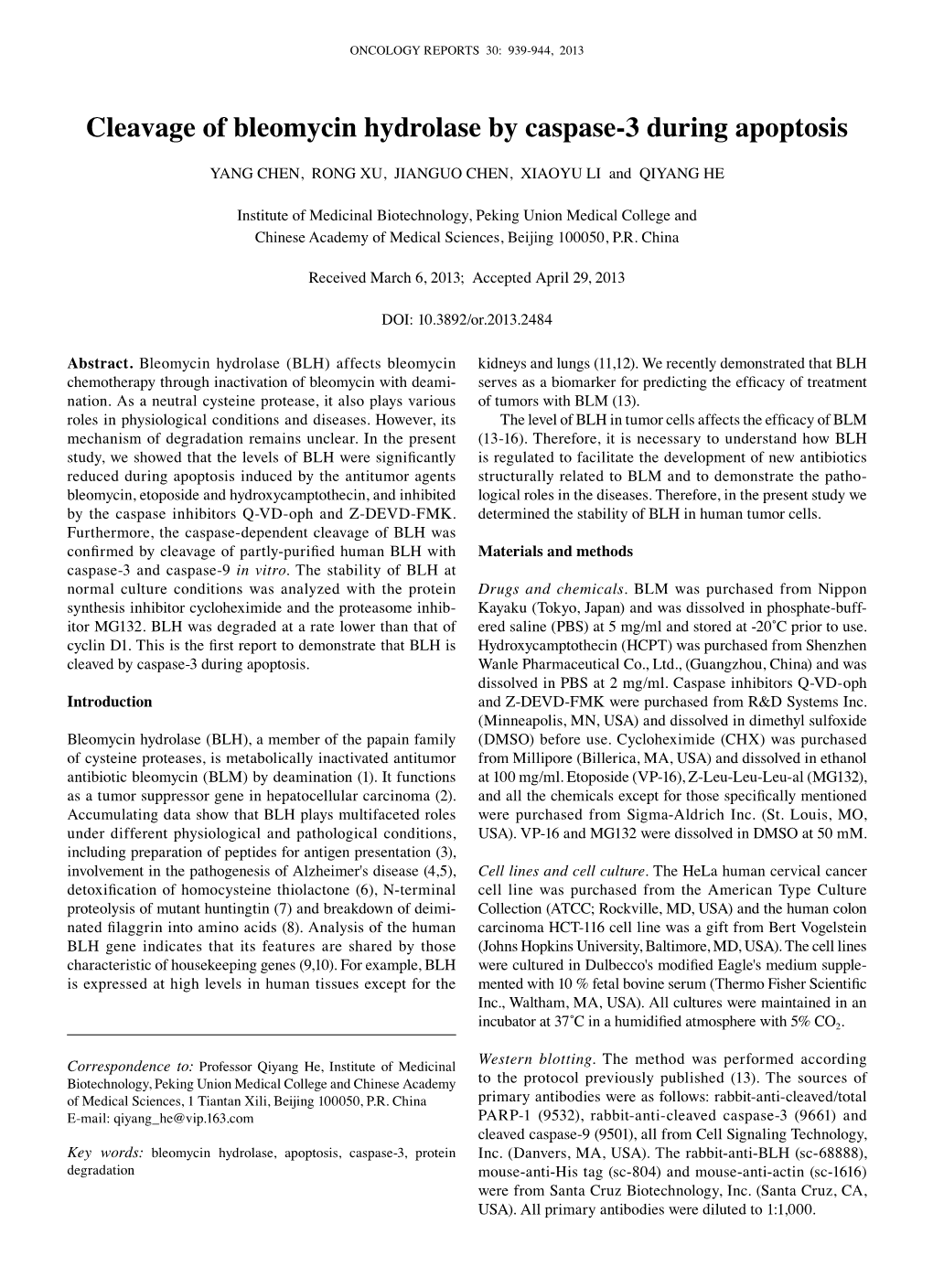 Cleavage of Bleomycin Hydrolase by Caspase-3 During Apoptosis