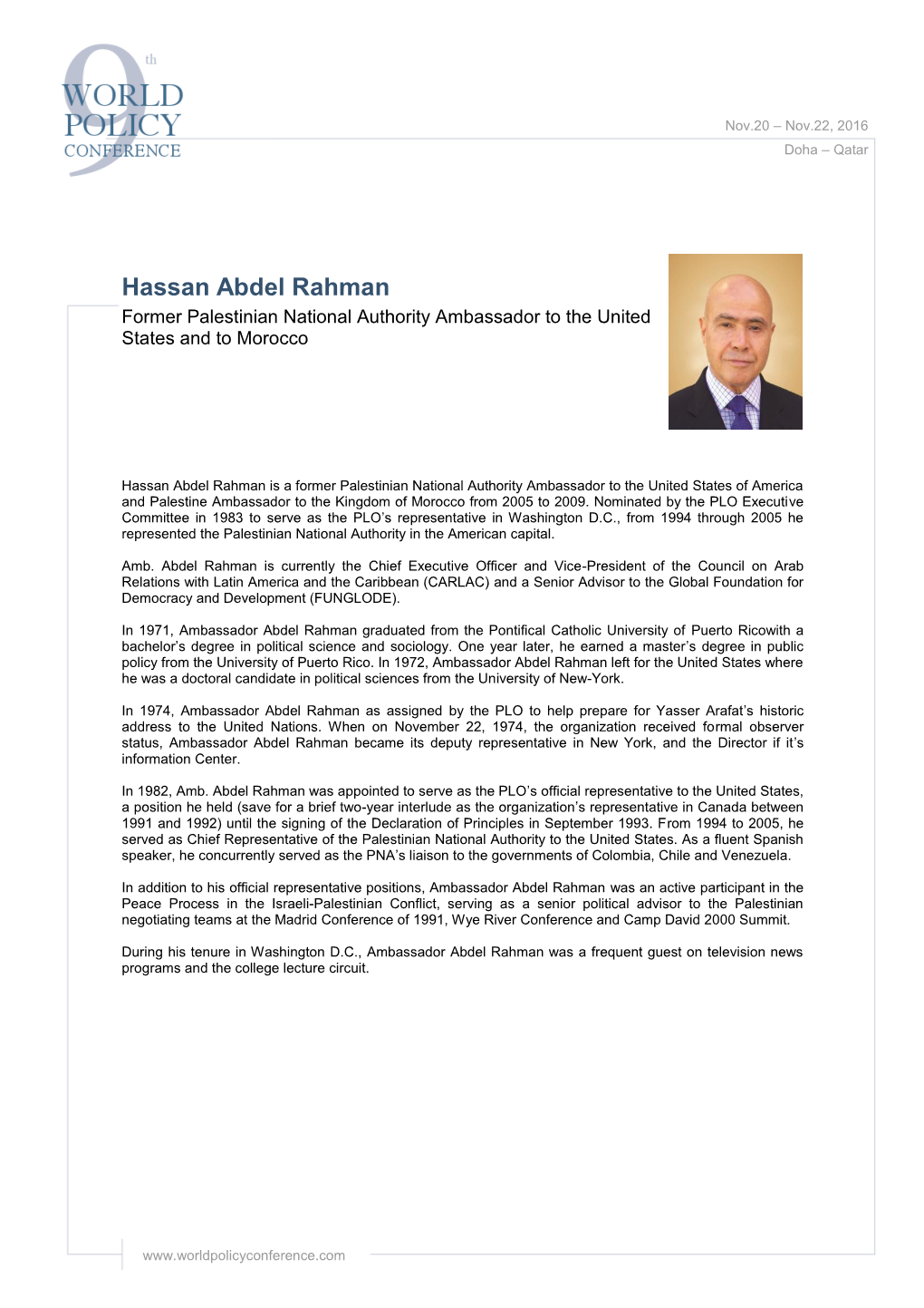 Hassan Abdel Rahman Former Palestinian National Authority Ambassador to the United States and to Morocco