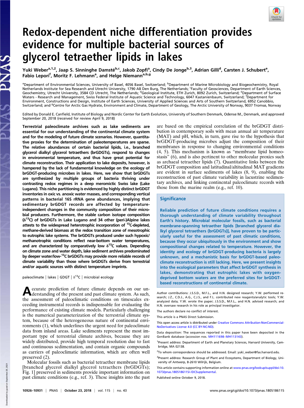 Redox-Dependent Niche Differentiation Provides Evidence for Multiple Bacterial Sources of Glycerol Tetraether Lipids in Lakes