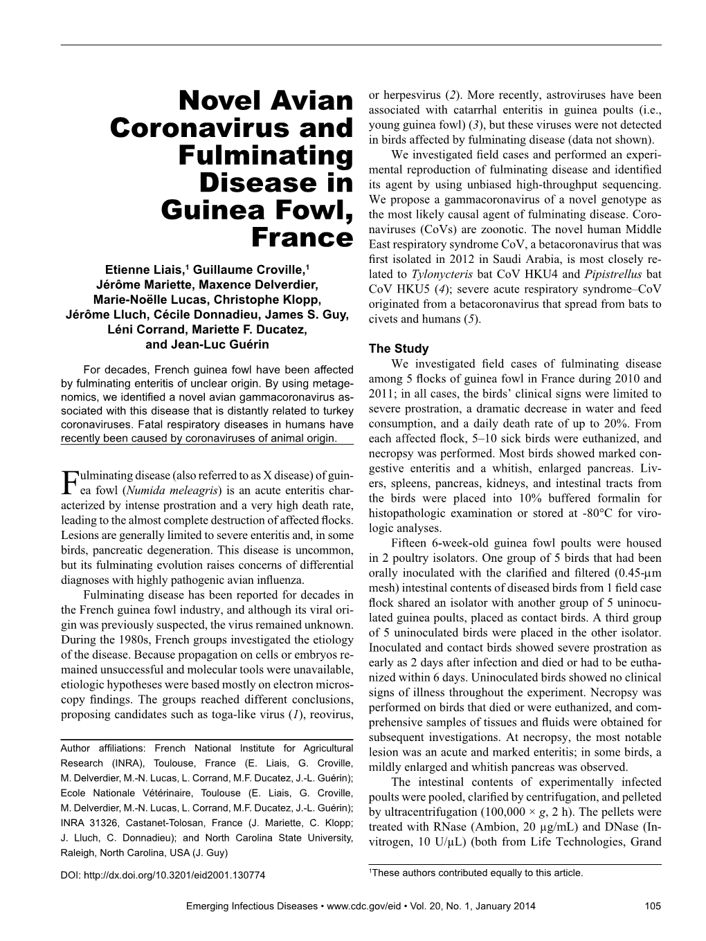 Novel Avian Coronavirus and Fulminating Disease in Guinea Fowl, France