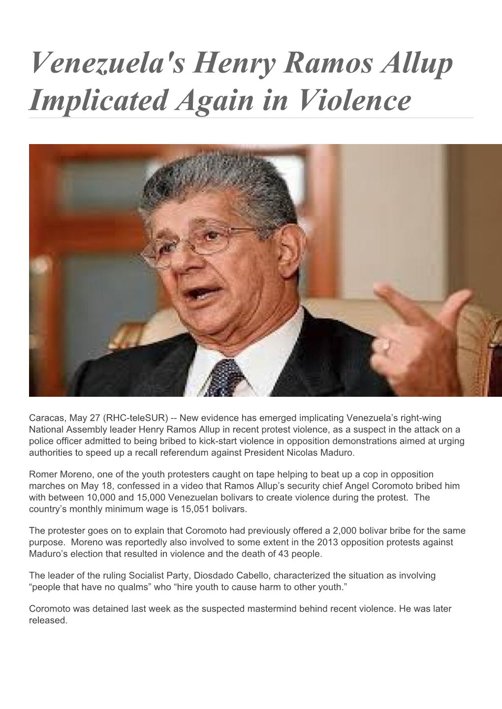 Venezuela's Henry Ramos Allup Implicated Again in Violence