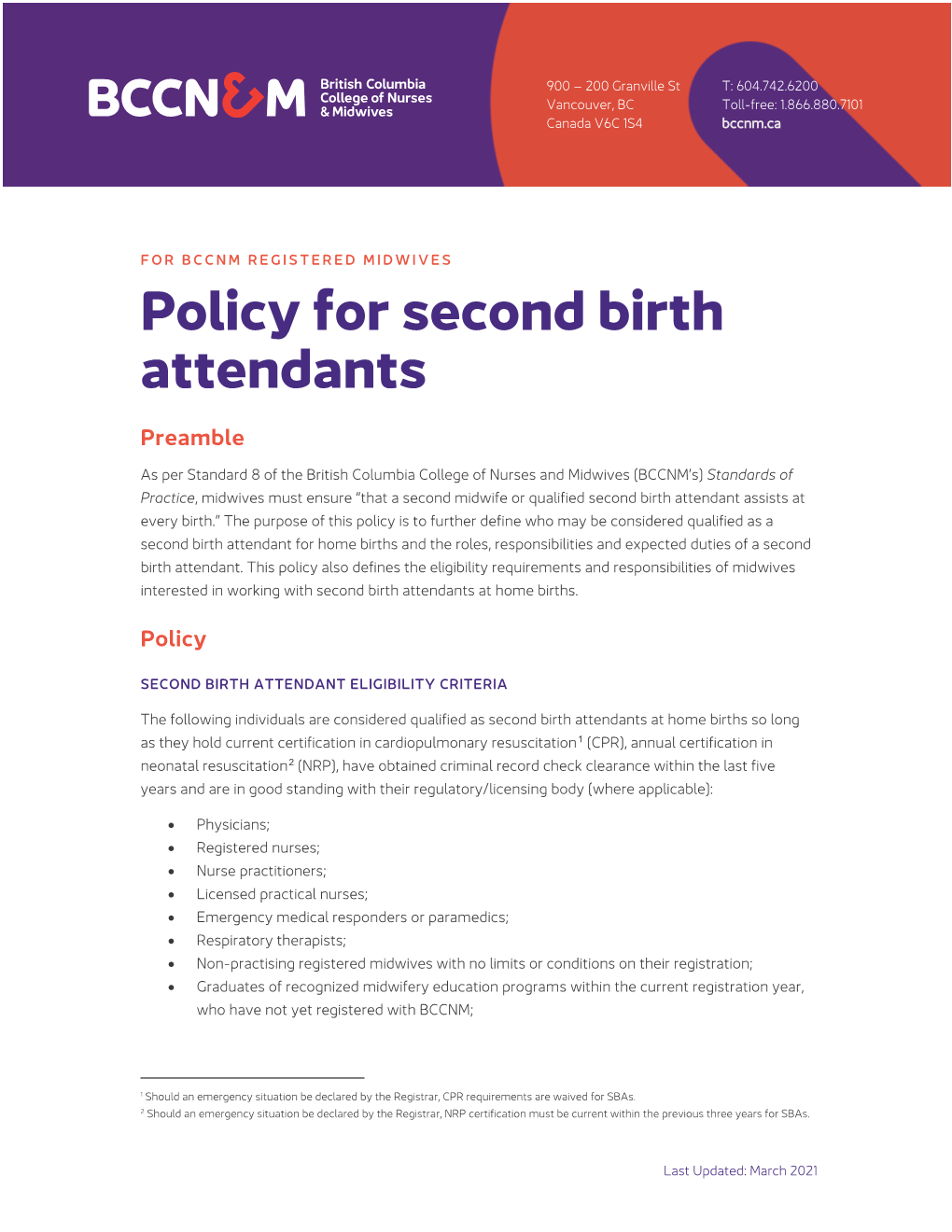 Policy for Second Birth Attendants