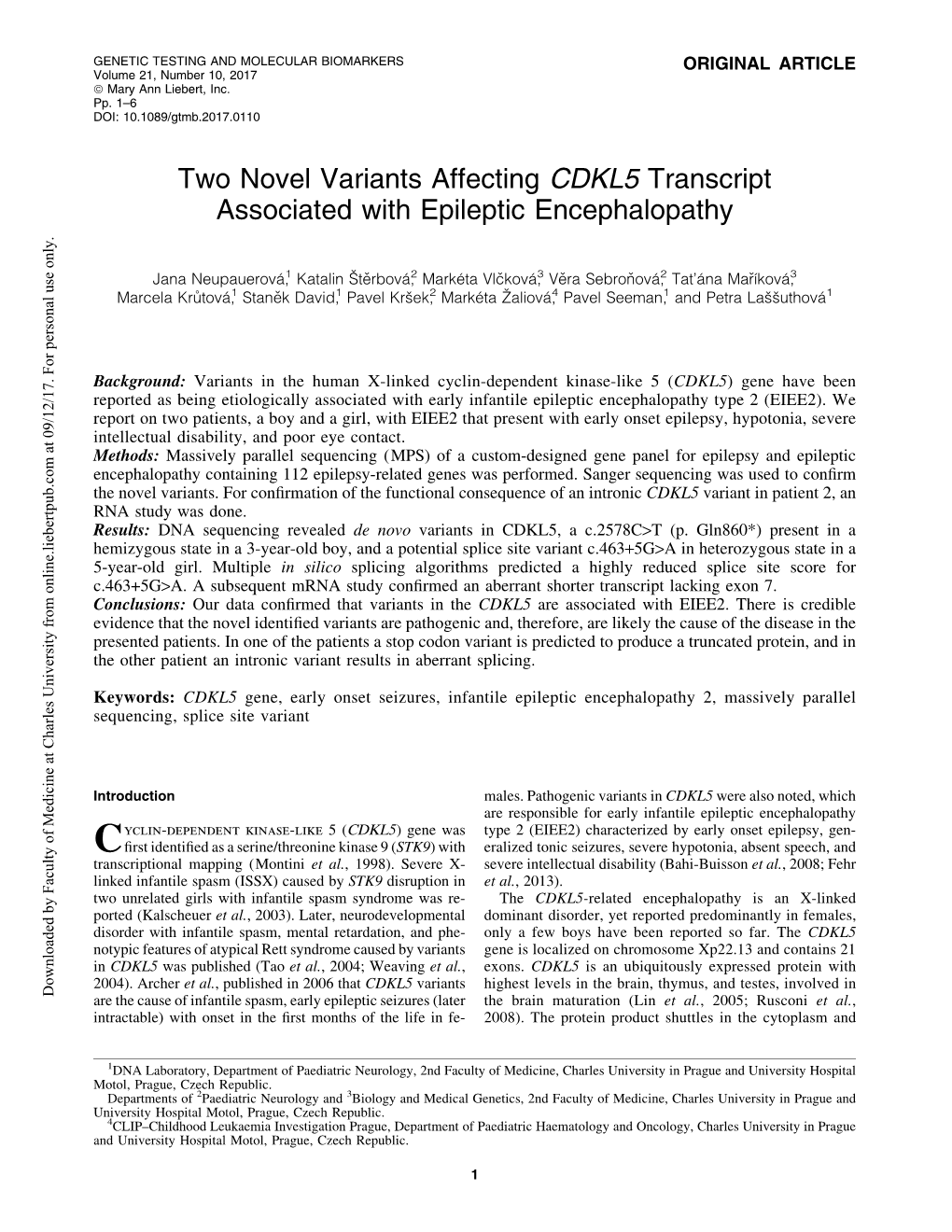 Two Novel Variants Affecting CDKL5 Transcript Associated with Epileptic Encephalopathy